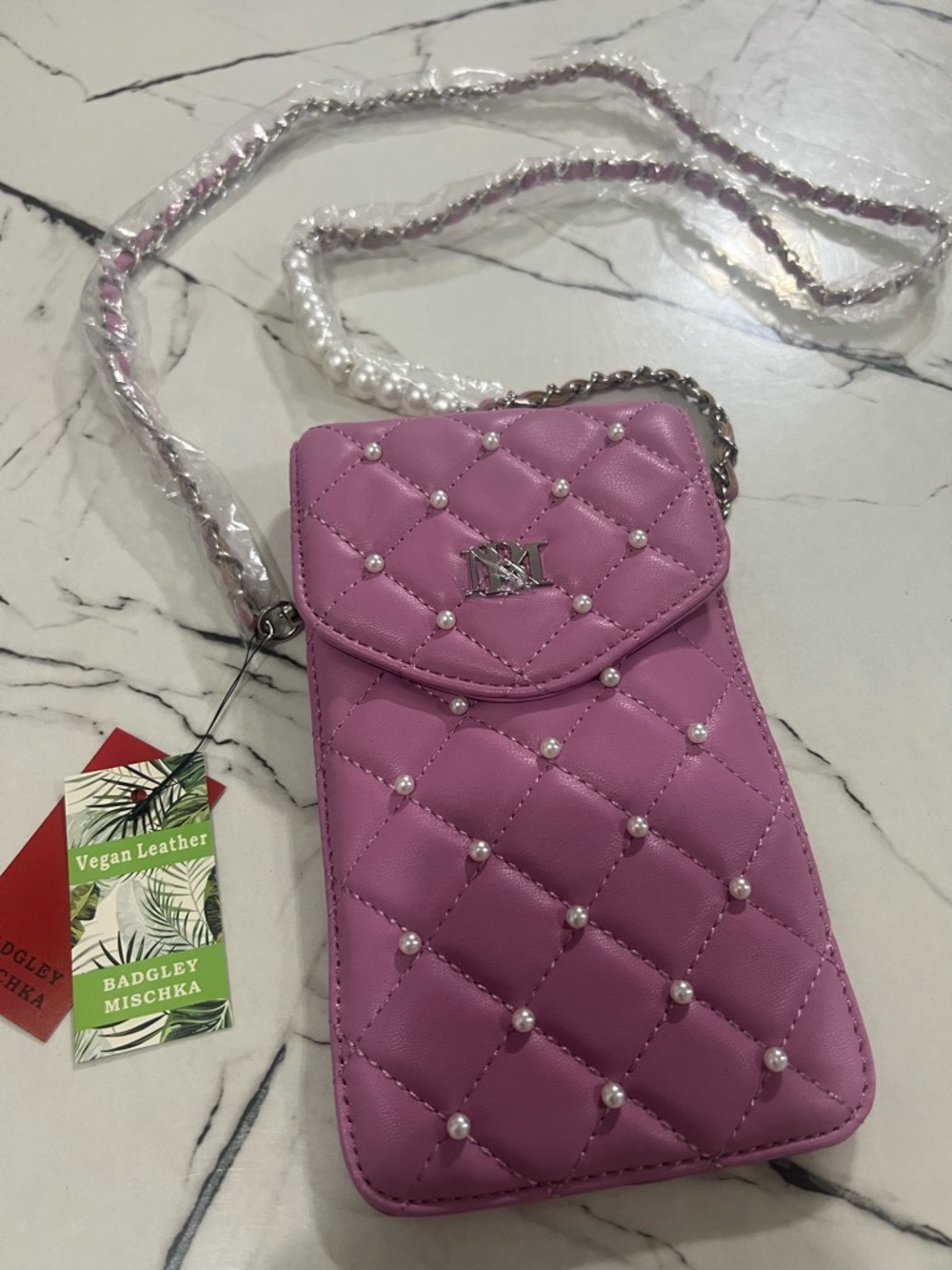 Badgley Mischka Pink Quilted Pearl Crossbody Bag